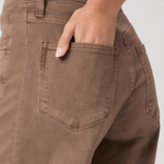 Brown pants with a pocket detail on a plain background