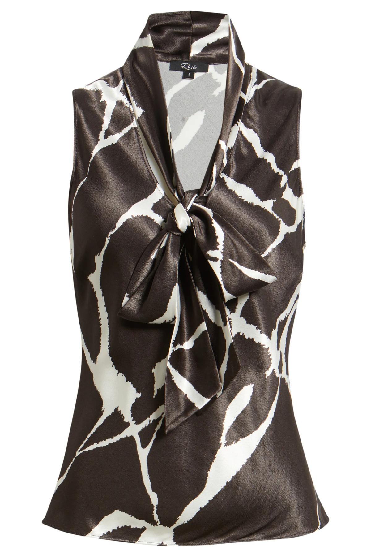 A sleeveless satin blouse with a brown and white abstract pattern, featuring a wrap-style collar with a large front bow, shown on a plain white background.