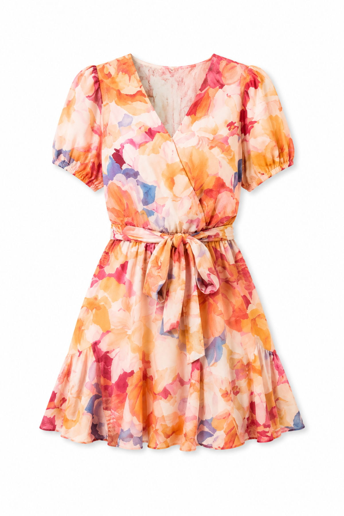 A short-sleeve wrap dress with a tie waist, featuring a vibrant watercolor floral print in orange, pink, yellow, and blue on a white background.