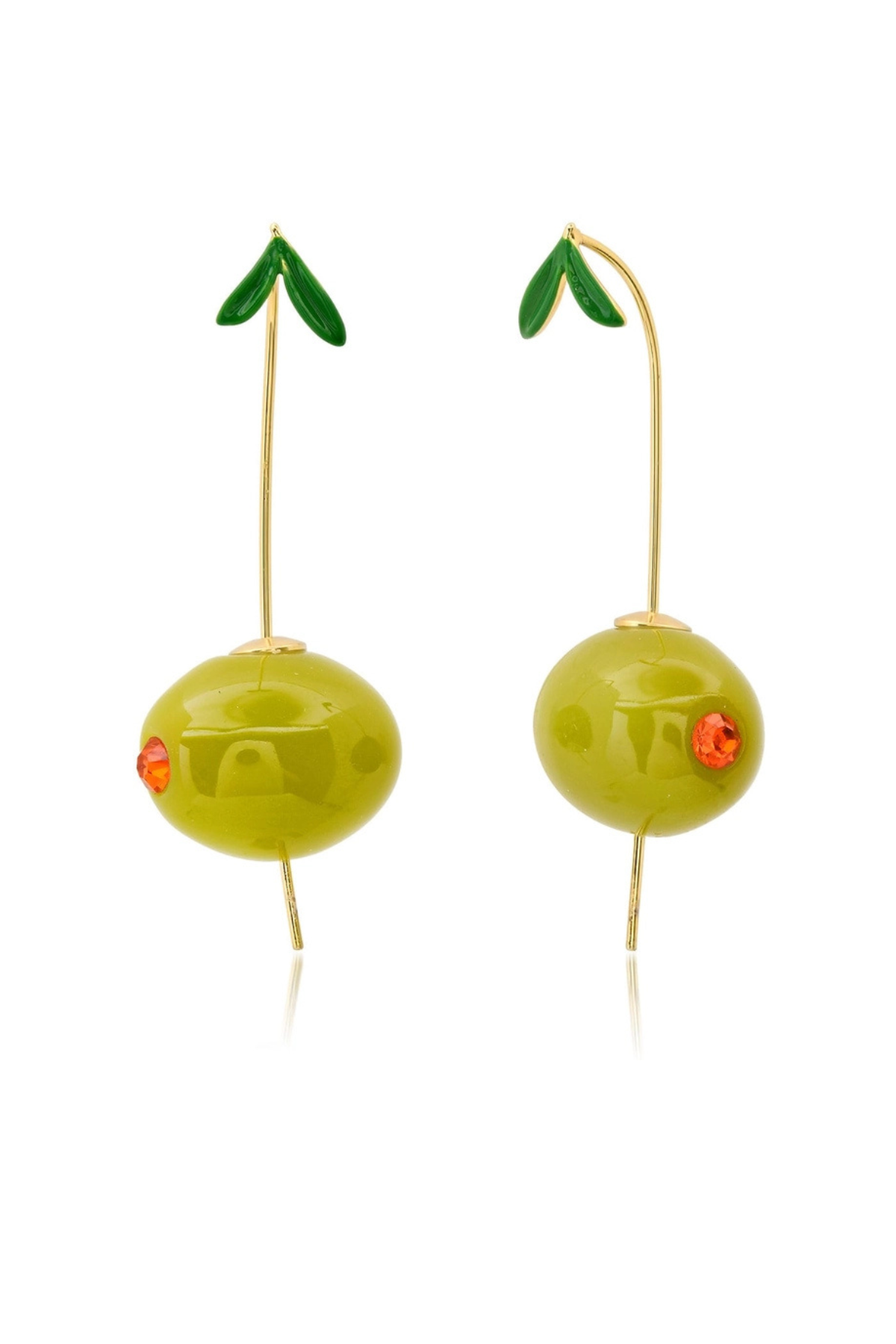 A pair of gold-tone drop earrings designed to look like green olives with small green leaves on top and tiny orange-red gemstone eyes, shown on a white background.
