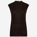 A sleeveless, crew-neck knit top in a very dark brown color, displayed on a clean white background.