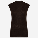 A sleeveless, crew-neck knit top in a very dark brown color, displayed on a clean white background.