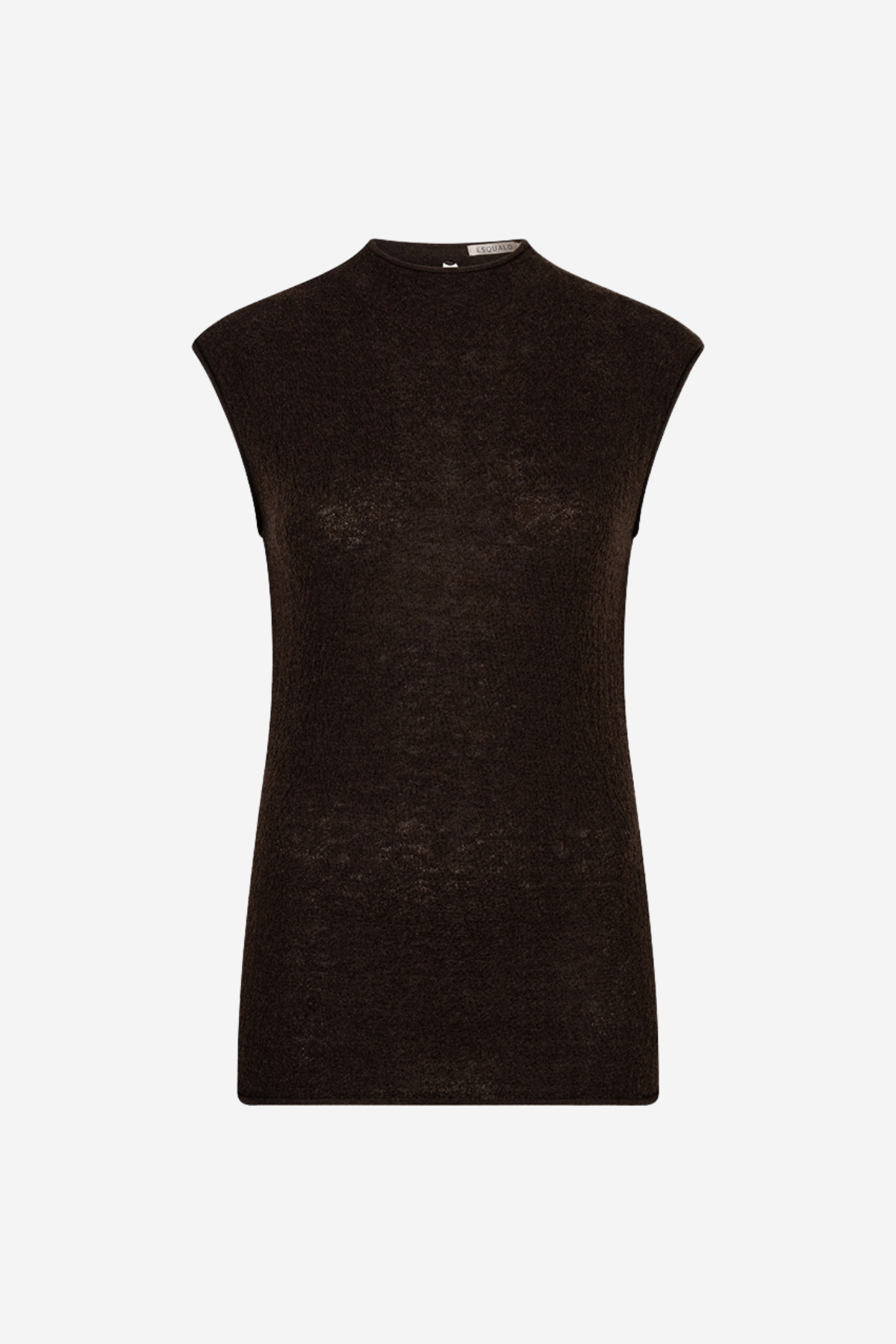 A sleeveless, crew-neck knit top in a very dark brown color, displayed on a clean white background.