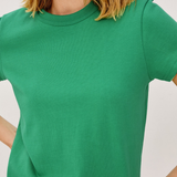 close up of woman in green t-shirt 