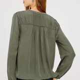 A woman shown from the back wearing an olive green long-sleeve blouse with pleated detailing across the upper back, paired with dark blue jeans, against a plain light gray studio background.