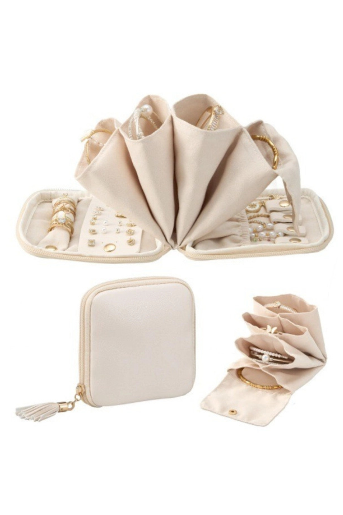 A cream-colored jewelry organizer set shown open and closed, featuring multiple roll-up compartments, ring slots, and small pockets, with gold-tone zipper and ring holder details.