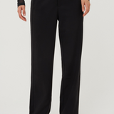 Women's black straight-leg trousers featuring contrasting side panel detailing and a full-length silhouette.