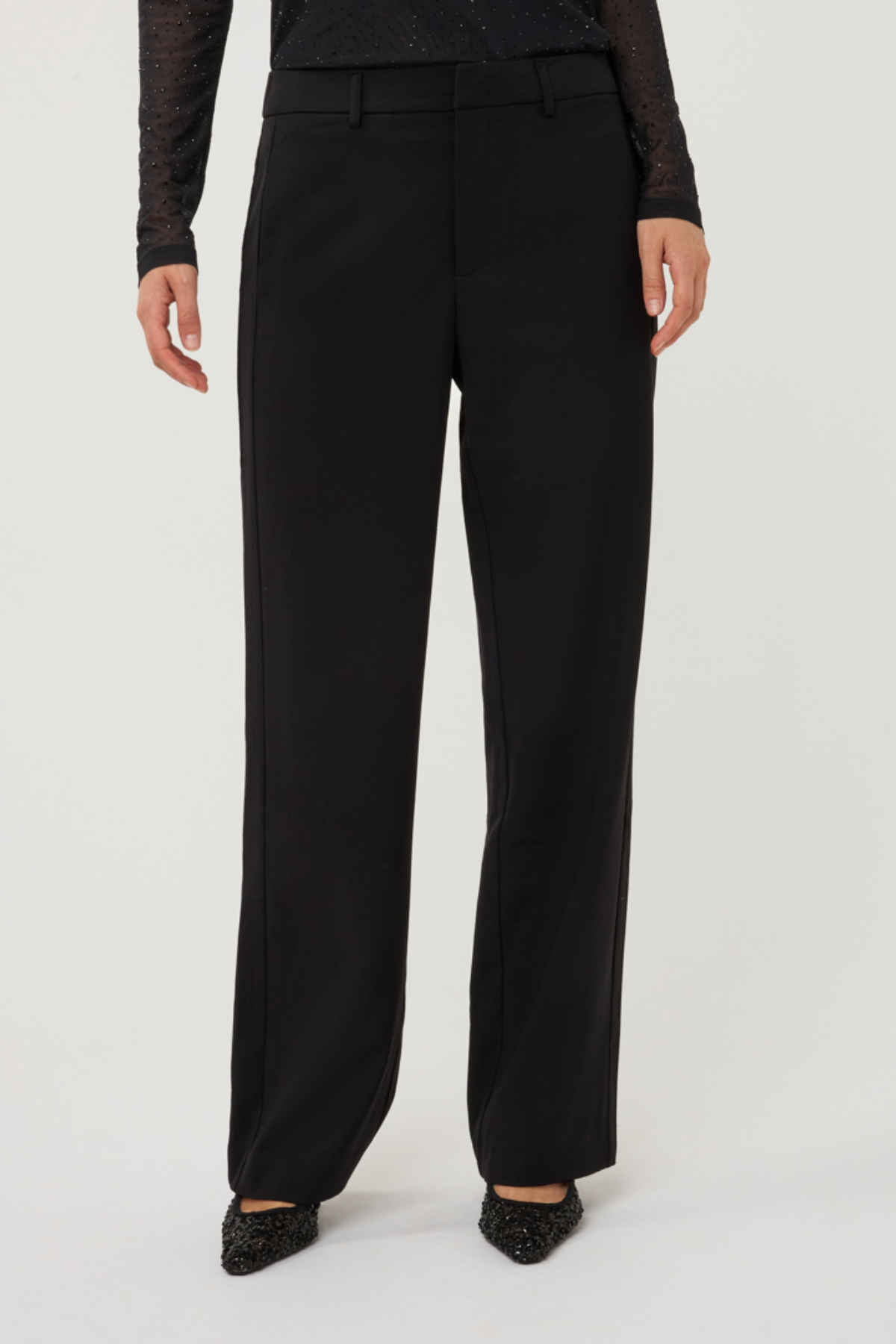Women's black straight-leg trousers featuring contrasting side panel detailing and a full-length silhouette.