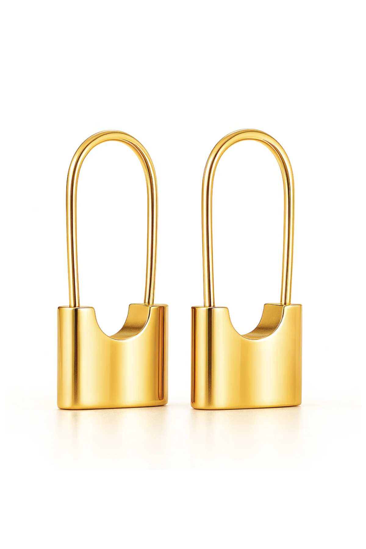 Pair of gold padlock-shaped earrings on a white background