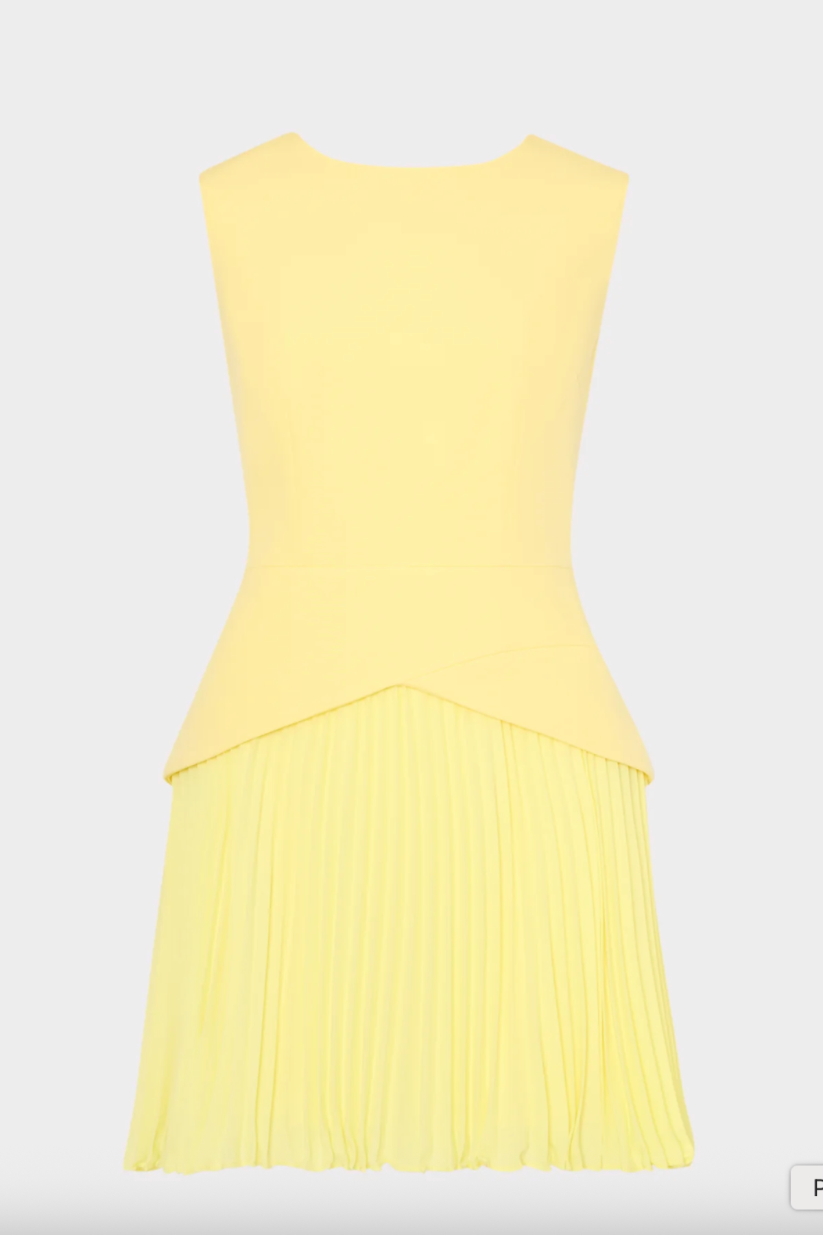 Yellow sleeveless dress with pleated skirt on a light gray background