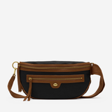 Large structured crossbody bag in a neutral tone featuring an adjustable strap and polished hardware.