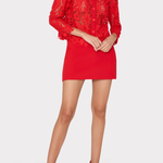 Person wearing a red lace blouse and red skirt on a white background