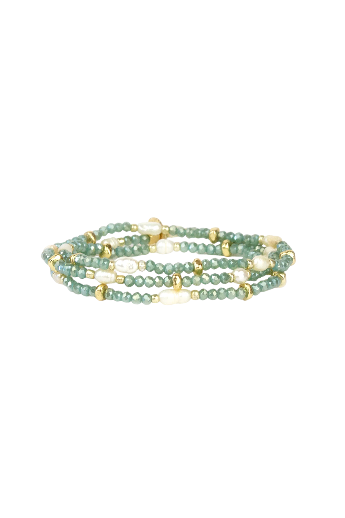 Green beaded bracelet with gold accents on a white background