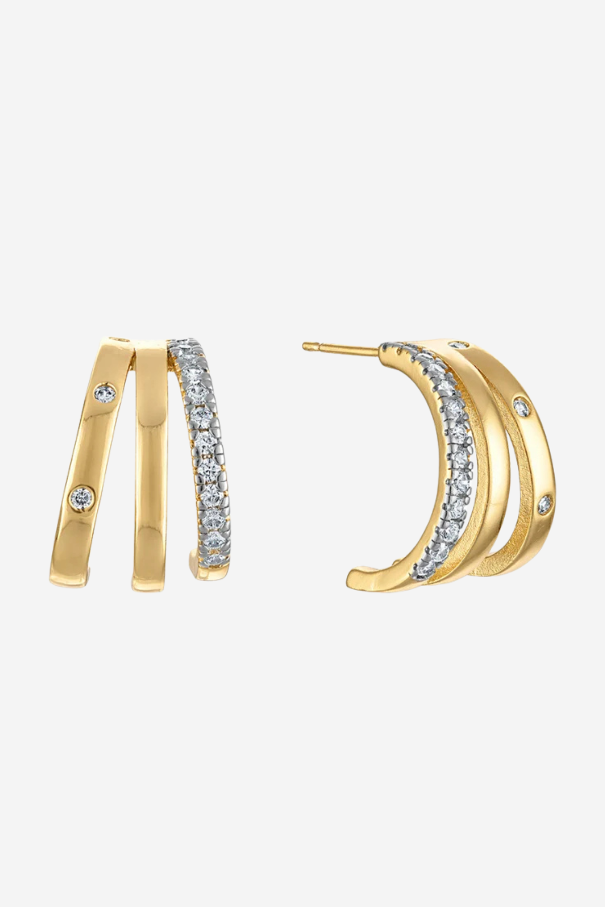 Gold crescent hoop earrings with pavé-set clear crystals and small accent stones, shown on a light gray background.