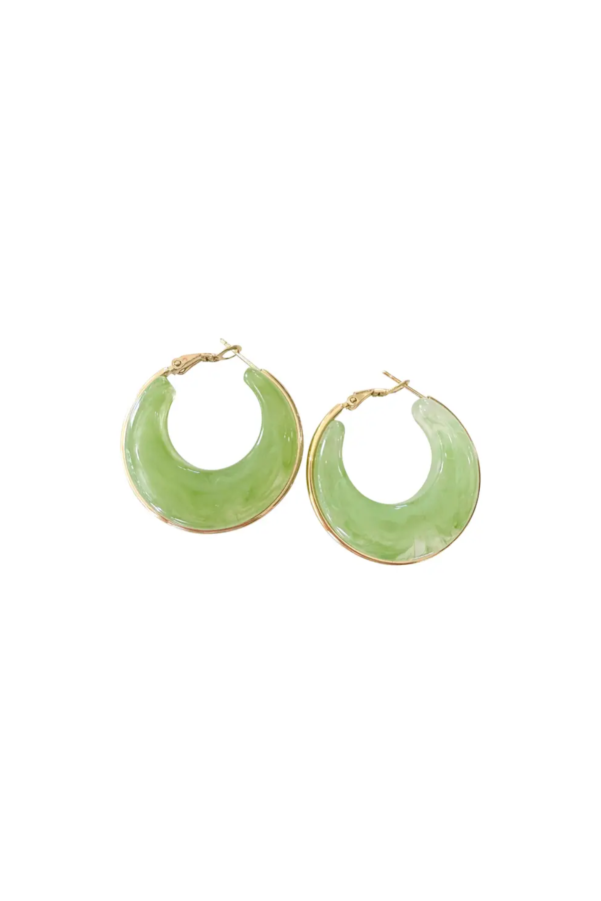Green hoop earrings with gold accents on a white background