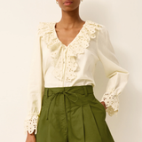 Woman wearing a white blouse with lace details and green shorts on a plain background