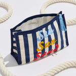 Striped pouch with 'Sea Sun Sand' text on a white background