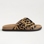 Leopard print slide sandal with a gold buckle on a white background