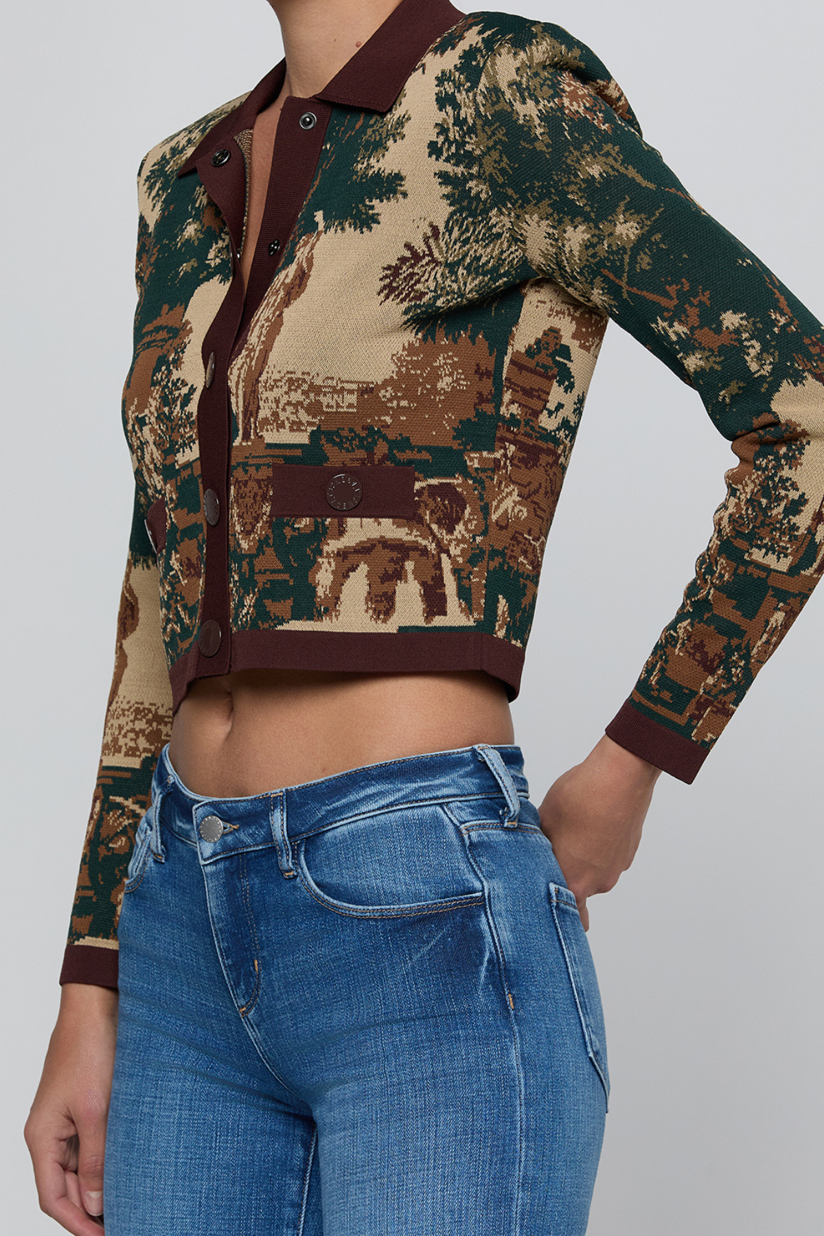 A cropped long-sleeve button-front top with a scenic landscape print in beige, brown, and dark green, worn by a model with blue jeans against a light gray studio background.