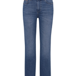 A pair of medium wash blue denim jeans shown flat against a plain white background.