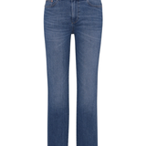 A pair of medium wash blue denim jeans shown flat against a plain white background.