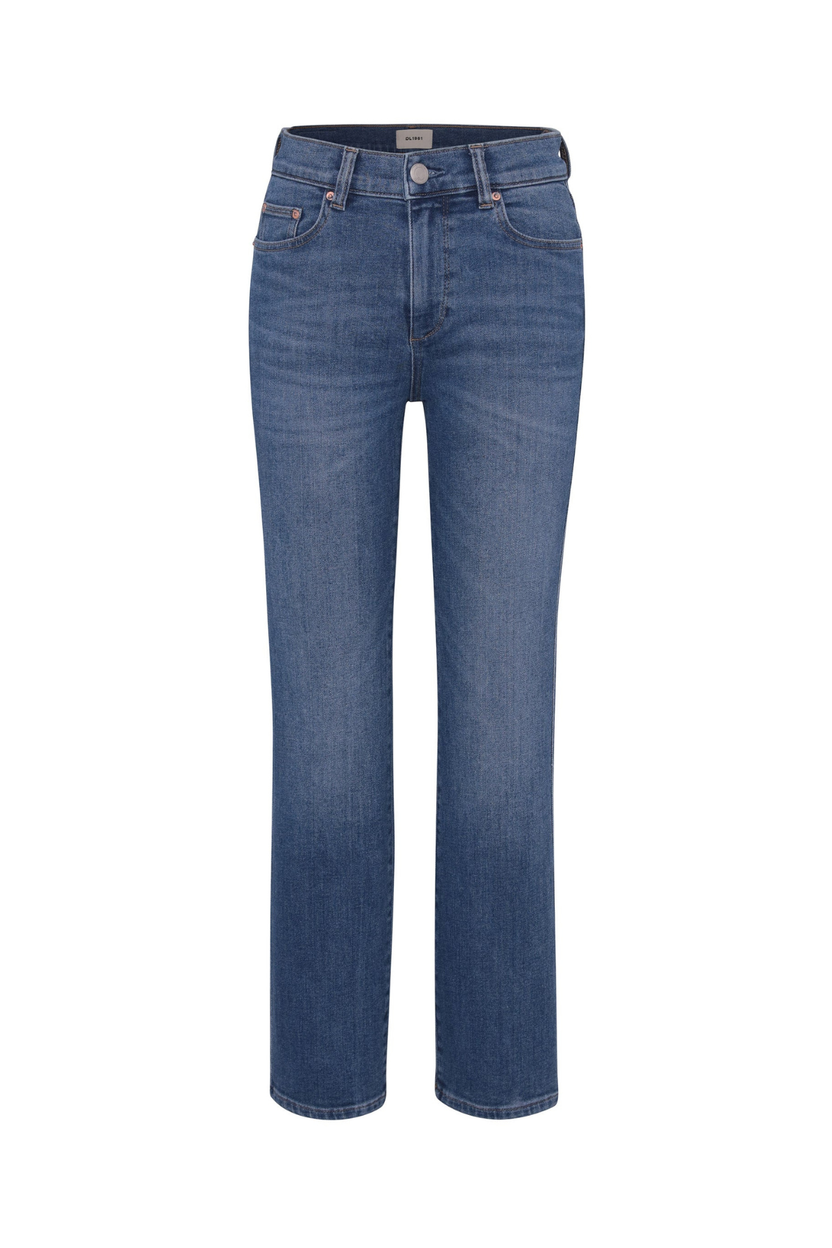 A pair of medium wash blue denim jeans shown flat against a plain white background.