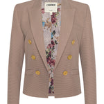 Brown blazer with floral lining on a white background