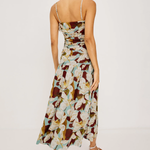 Woman wearing a floral brown pattern dress on a white background