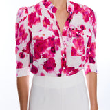 blurred floral short sleeve button down blouse 