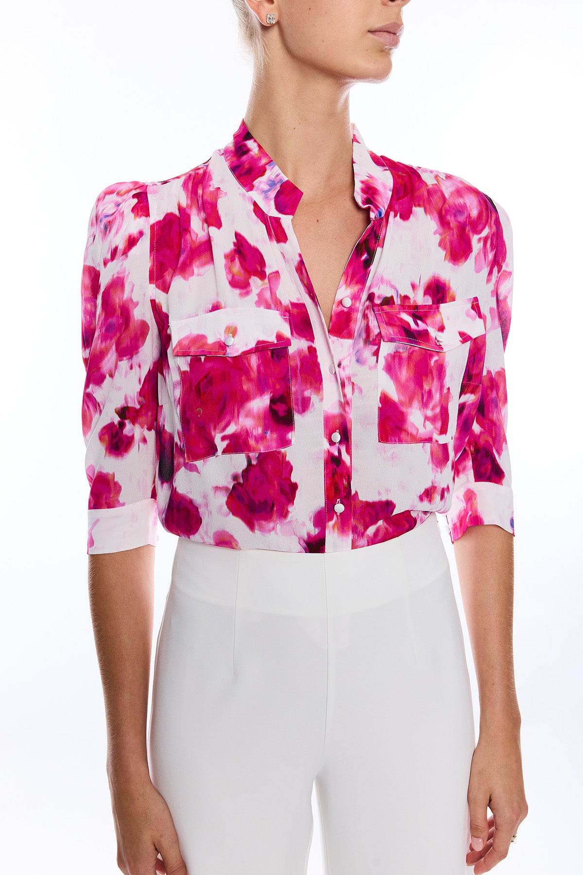 blurred floral short sleeve button down blouse 