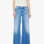 Person wearing a white t-shirt and blue flared jeans on a white background