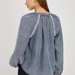 A woman shown from the back wearing a dusty blue denim long-sleeve blouse with white embroidered details on the shoulders, paired with dark blue jeans, against a light gray studio background.