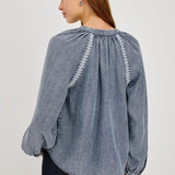 A woman shown from the back wearing a dusty blue denim long-sleeve blouse with white embroidered details on the shoulders, paired with dark blue jeans, against a light gray studio background.