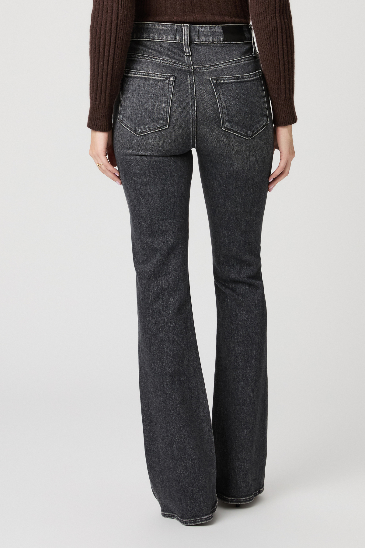 Women's Malibu Mist wash high-rise flare jeans featuring a 32-inch inseam and full-length silhouette.