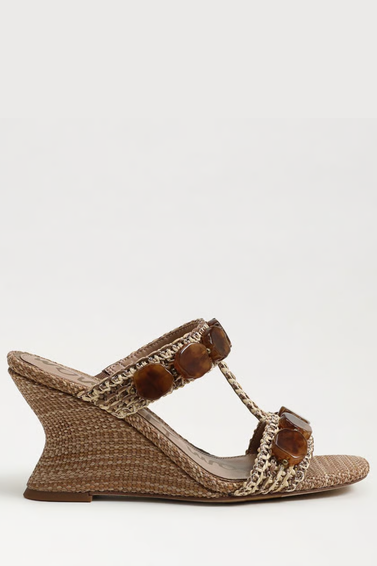 side view stone and raffia womens wedge shoe 
