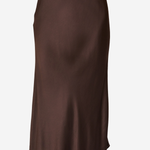 A dark brown satin midi skirt shown on a model against a plain white background.