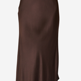 A dark brown satin midi skirt shown on a model against a plain white background.