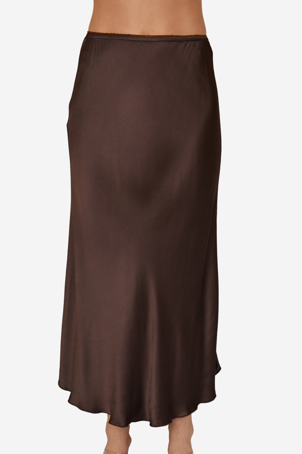 A dark brown satin midi skirt shown on a model against a plain white background.