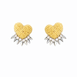Heart-shaped yellow earrings with spike details on a white background