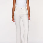 woman in white denim on a white background 