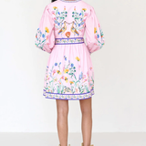 Woman wearing a pink dress with floral embroidery on a white background