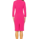 Woman wearing a bright pink dress on a white background