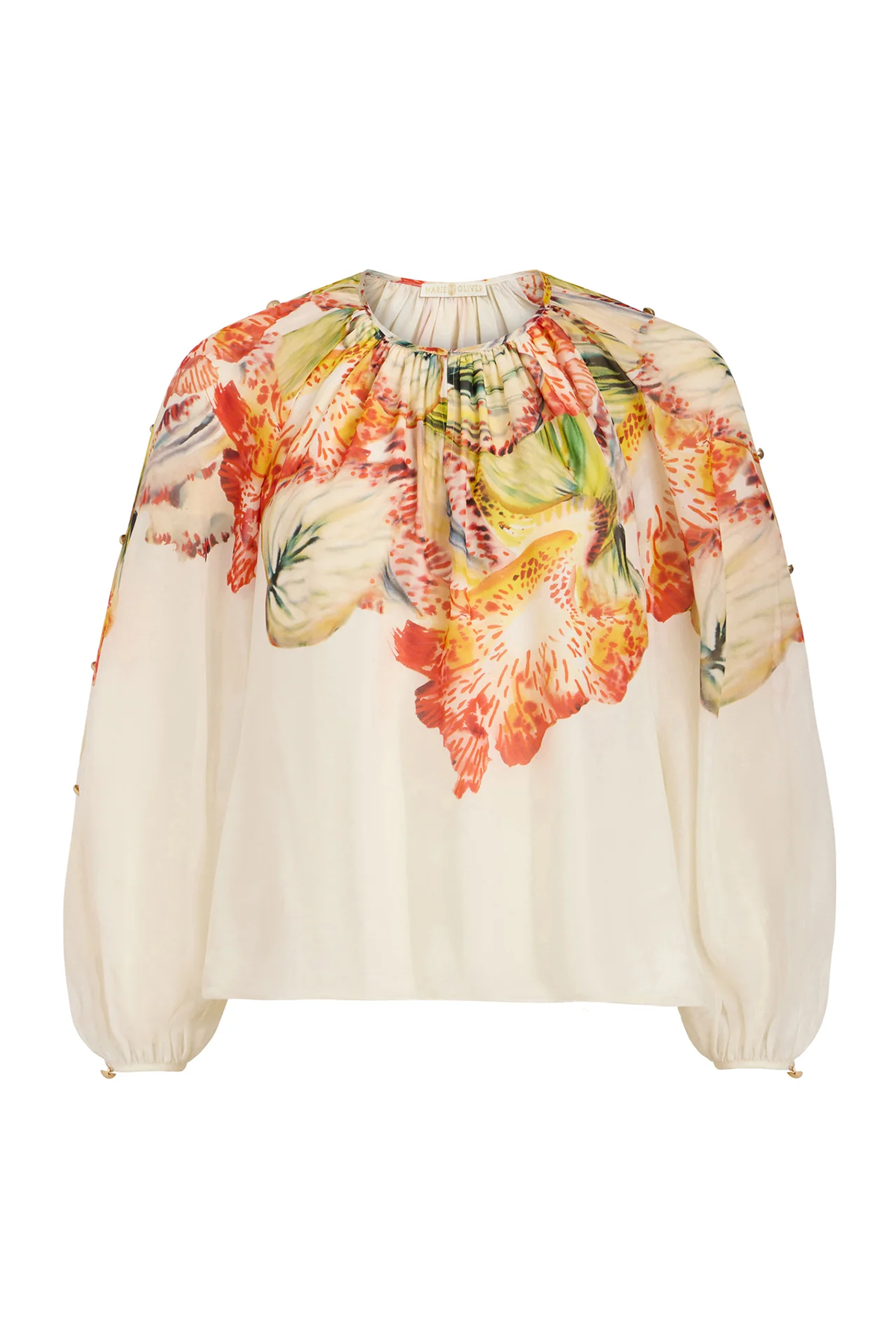 printed long sleeve blouse one white background 