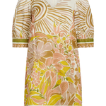 Floral patterned dress with gold accents on a white background