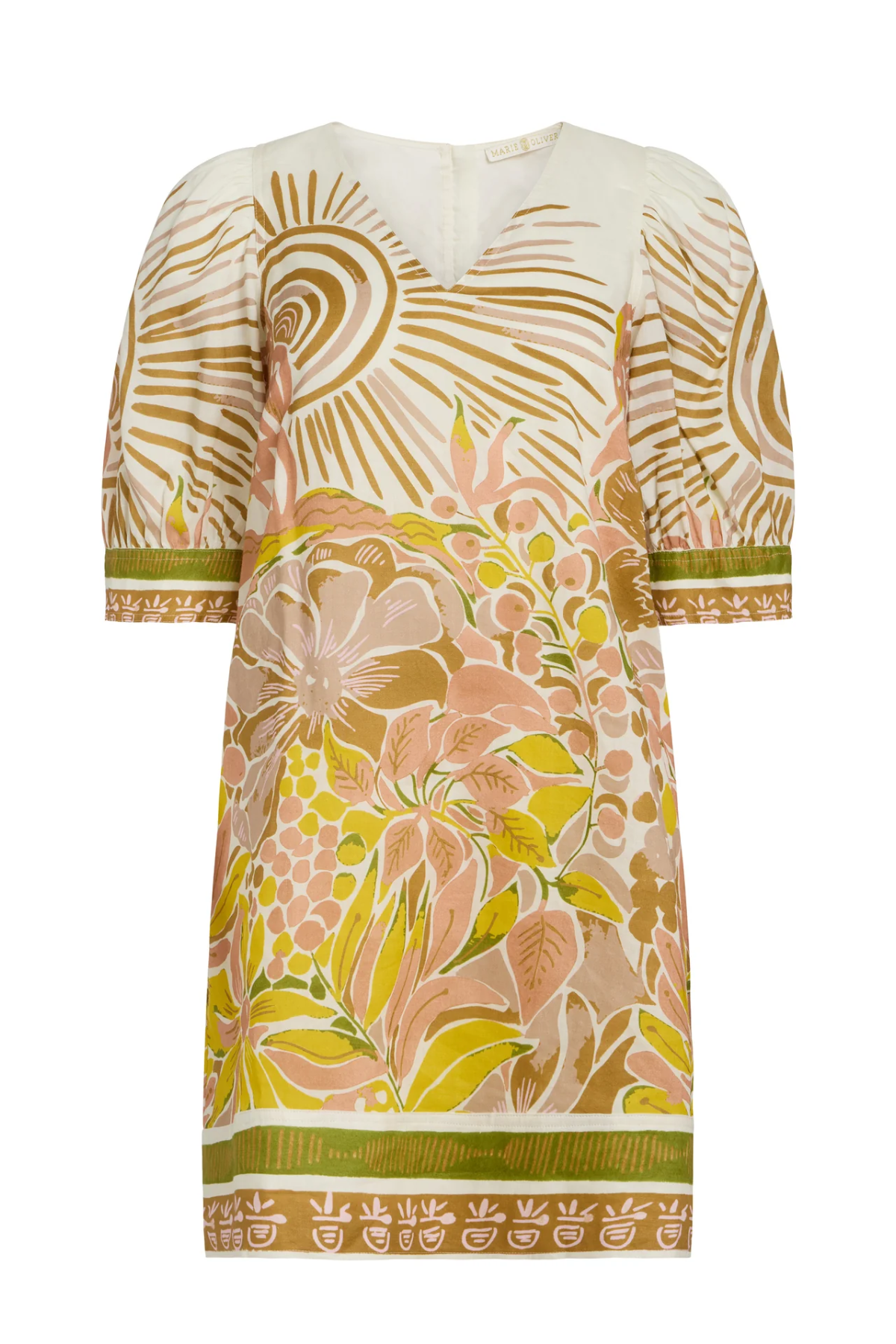 Floral patterned dress with gold accents on a white background