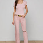 Short-sleeve scoop-neck tee in a soft neutral color.