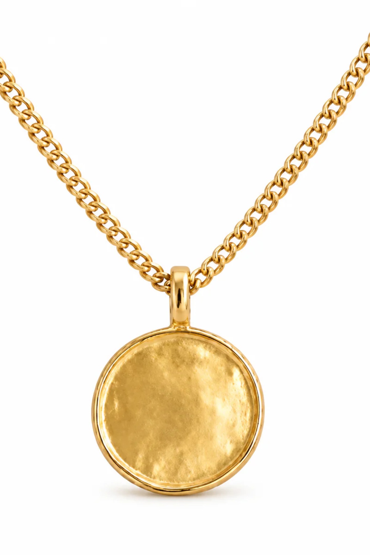A gold-toned necklace featuring a textured, circular disc pendant suspended from a matching curb chain, set against a plain white background.