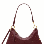 A burgundy quilted leather shoulder bag with gold-tone studs and hardware, shown against a plain white background.