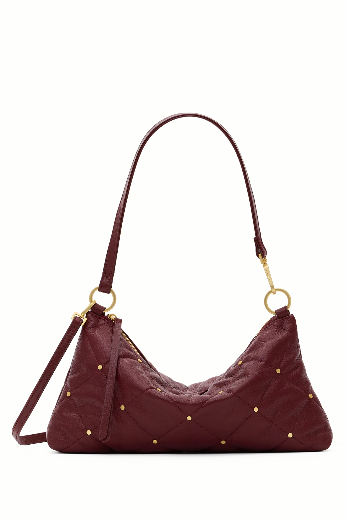 A burgundy quilted leather shoulder bag with gold-tone studs and hardware, shown against a plain white background.