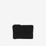 A small black pebbled leather zip pouch with a silver zipper pull, shown against a plain white background.